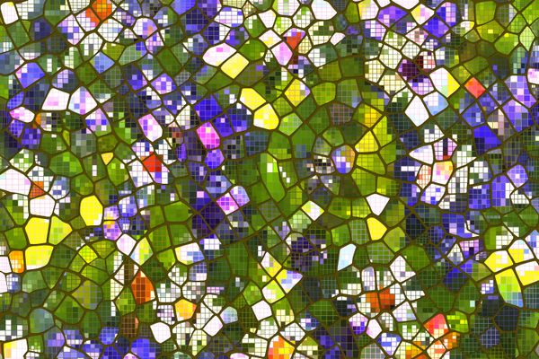 Portion of my work "A Dance Of Flowers", green, white, purple flowers in a mosaic.