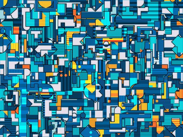 Artwork, mostly blue, with orange, white and yellow, in a complex tiling.